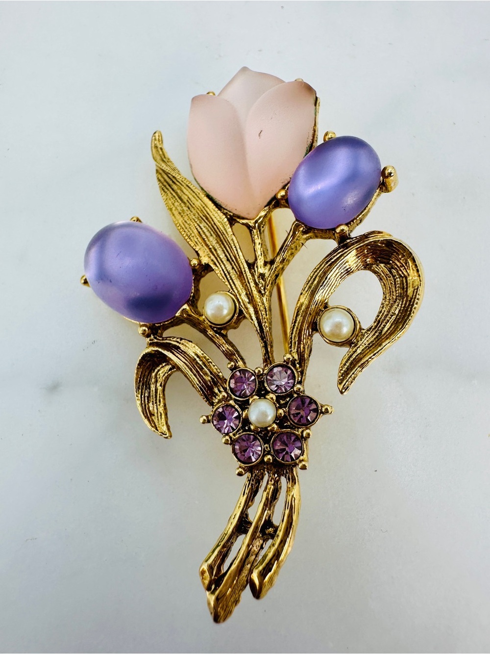 Vintage 1928 Flower Bouquet Brooch Pin Pink and Purple Frosted Gems Gold Tone